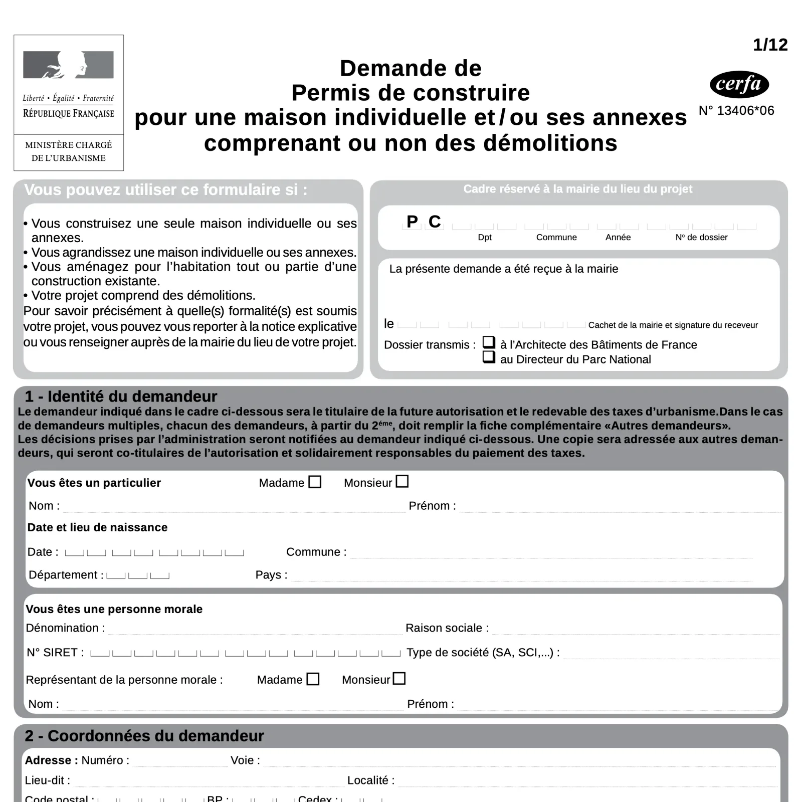 Capture d’écran d’un CERFA de demande de permis de construire.